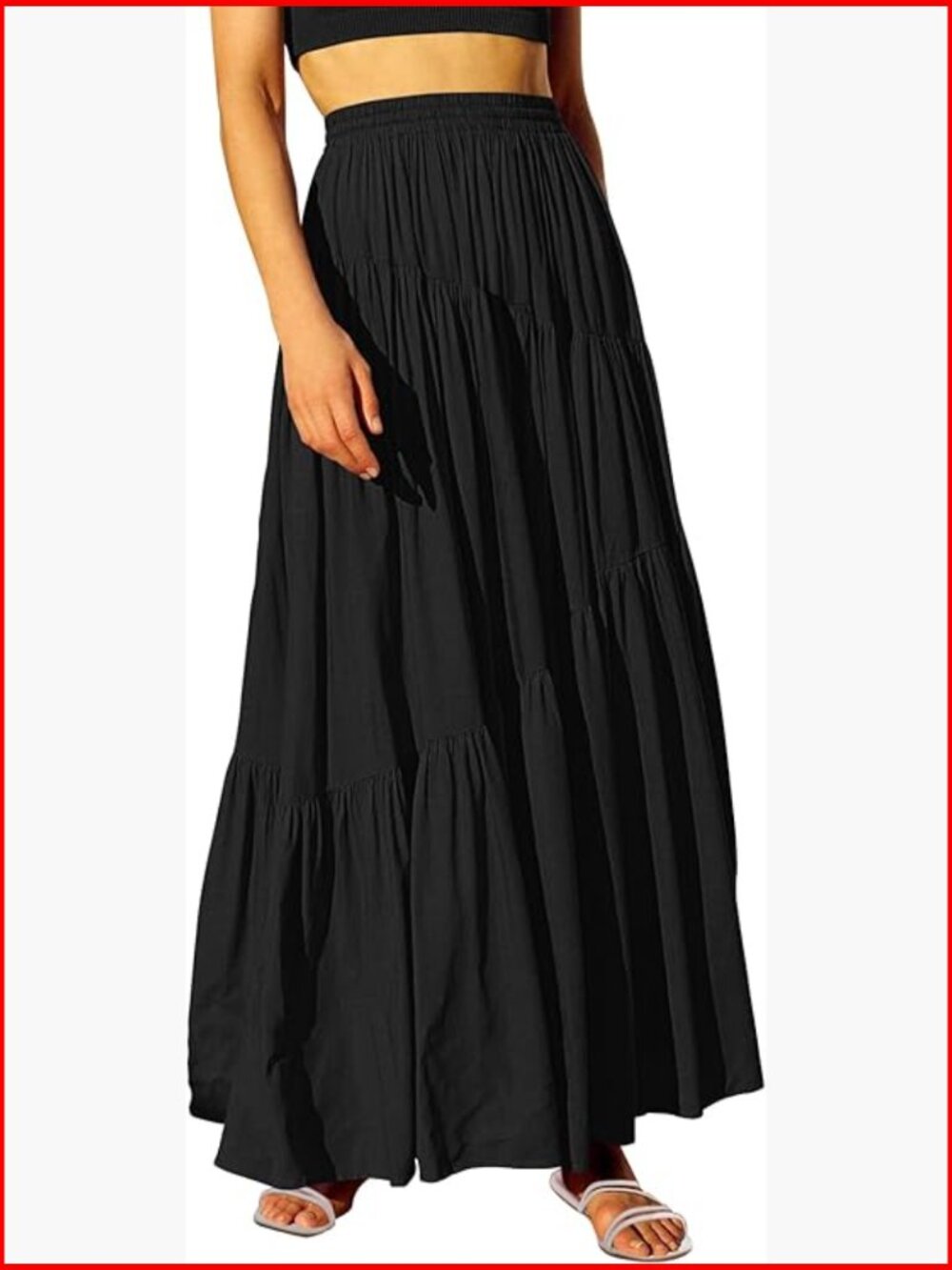 Rayon Maxi Skirt with Pockets, Elastic Waist, Asymmetrical Tiered Hem